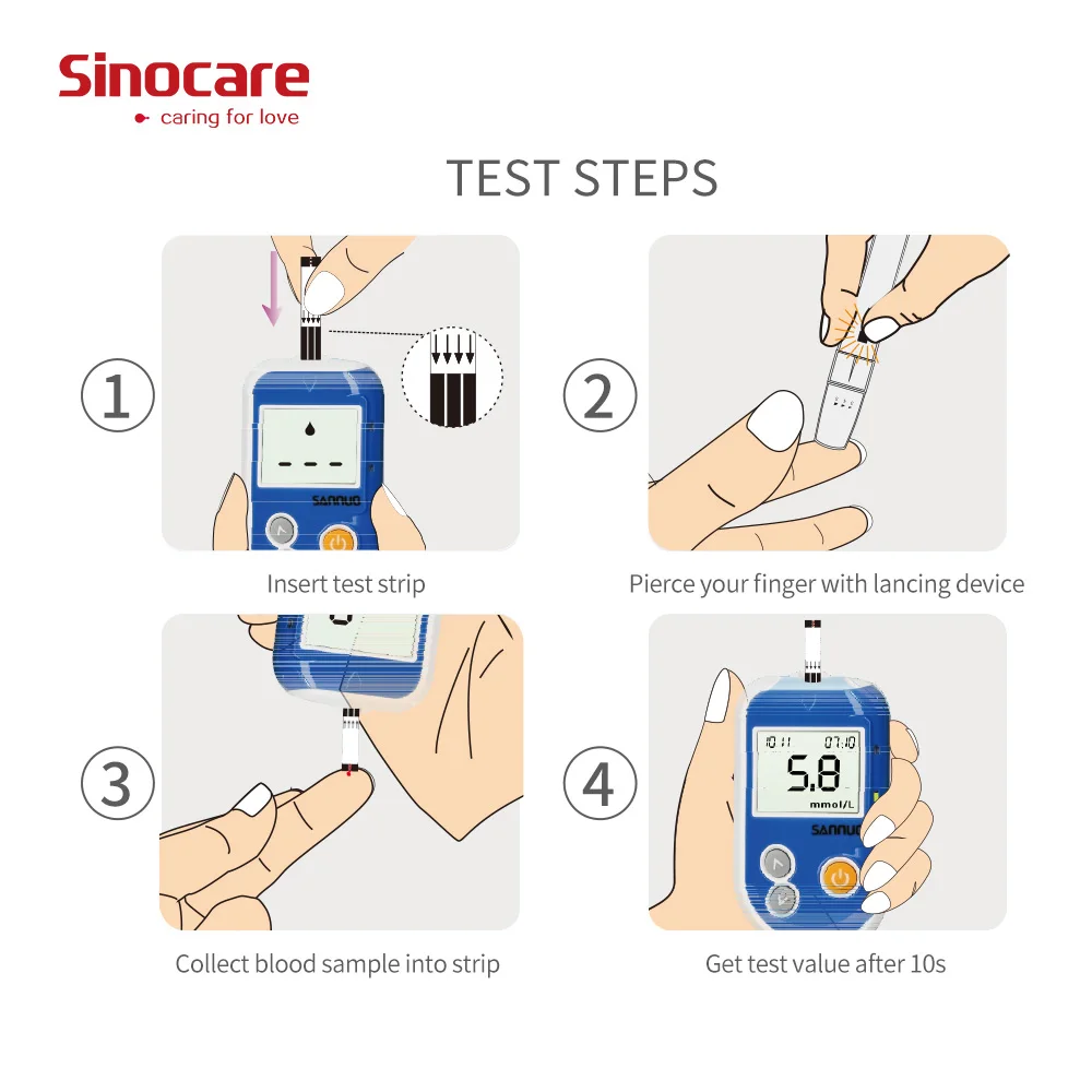 Sinocare GA-6 Blood Glucose Test Strips Separated Packing and Lancets for Diabetes
