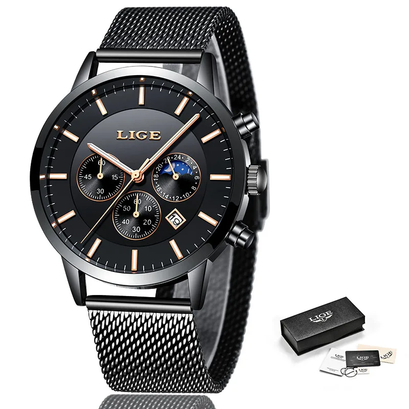 LIGE, мужские часы, Топ бренд, роскошные, мужские спортивные военные часы, мужские водонепроницаемые кварцевые часы из нержавеющей стали, Relogio Masculino - Цвет: All black rose