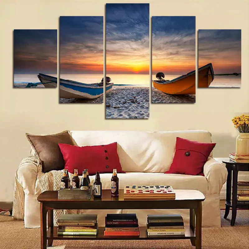Creative Wonderful seascape Beach Boat Five Pieces Canvas Printings Painting Home Wall Decor Framed Modern For Room Space Art | Дом и сад