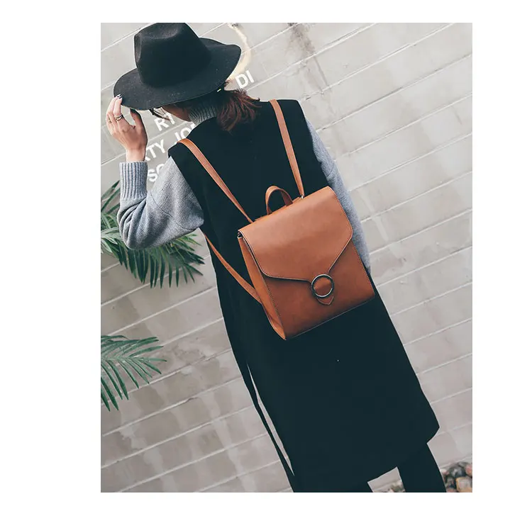 New Korean Style Vintage Preppy Style Backpack Women PU Joker Leisure School Bag Vintage London Fashion Pure Color Backpack02