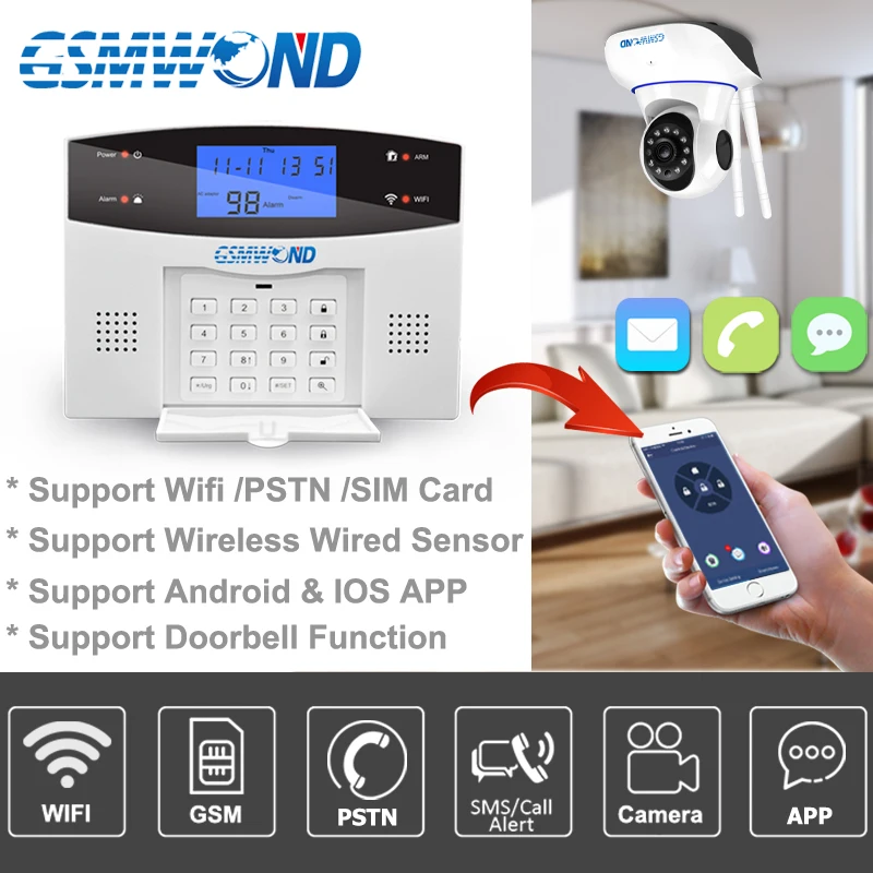 Wifi GSM PSTN hogar sistema de alarma antirrobo 433 MHz Sensor inalámbrico alarma de seguridad Dial automático grabación IOS Android APP