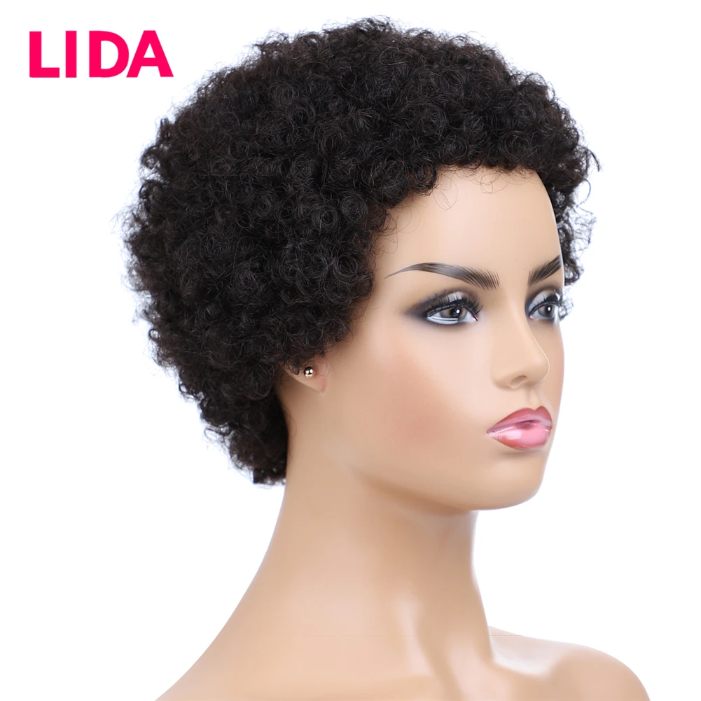 Lida-Perruque de cheveux humains bouclés caution courts pour femmes, cheveux humains non remy, entièrement fabriqués à la machine, densité de 120%, perruques afro chinoises