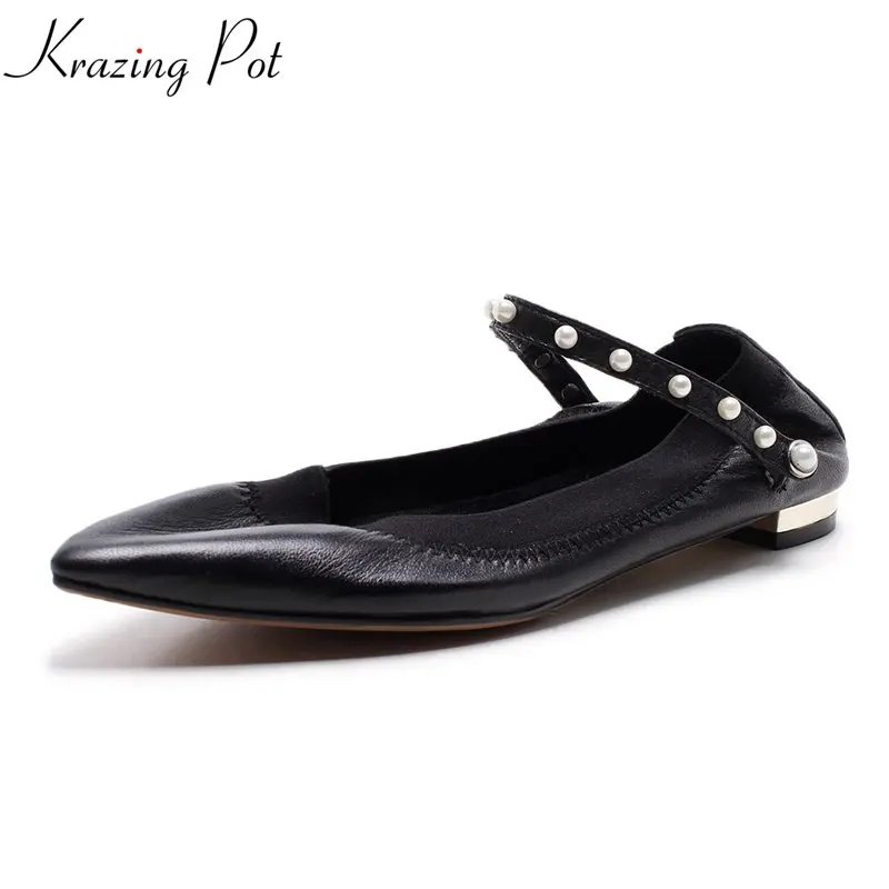 

Krazing Pot superstar ballet dancer princess style ankle pearl buckle strap casual pointed toe flats young lady autumn shoe L11