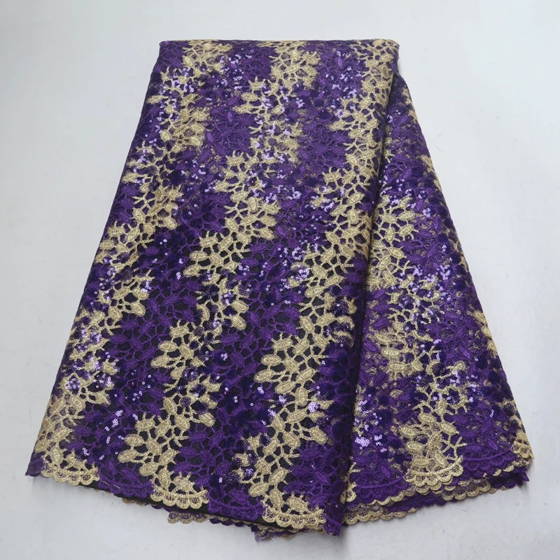 

African lace sequins and beads size 5 / piece French organza lace fabric high-end purple for ladies' party dress