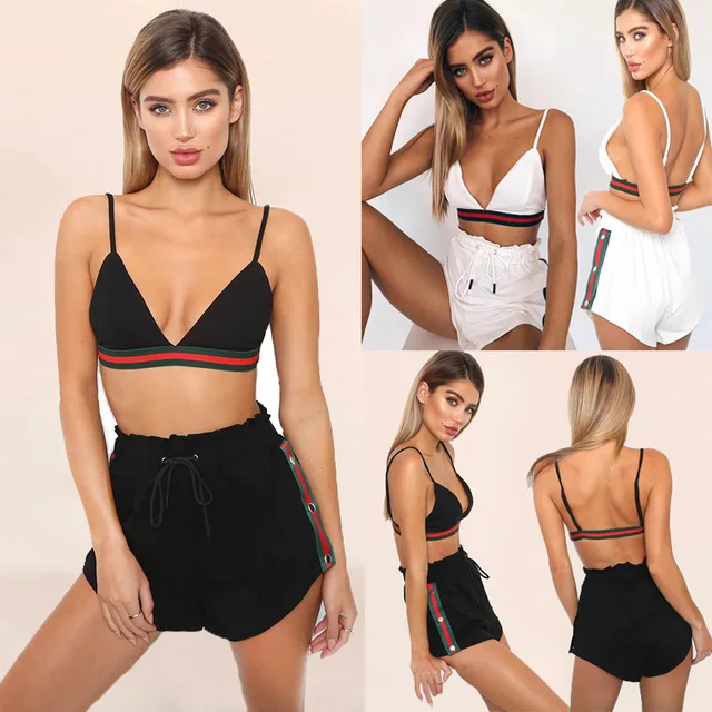 2018 Suvance Summer Sexy Spaghetti Strap Solid Color Patchwork Elastic Short Backless Women Set