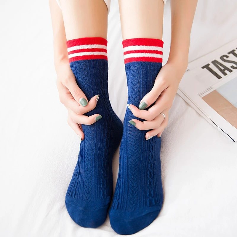 Spring Autumn Retro Color Stripe Cotton Women Socks Fashion Twist
