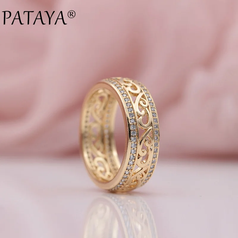 PATAYA New Arrivals 585 Rose Gold Double Row Micro-wax Inlay Natural Zircon Hollow Rings Women Wedding Party Trendy Fine Jewelry