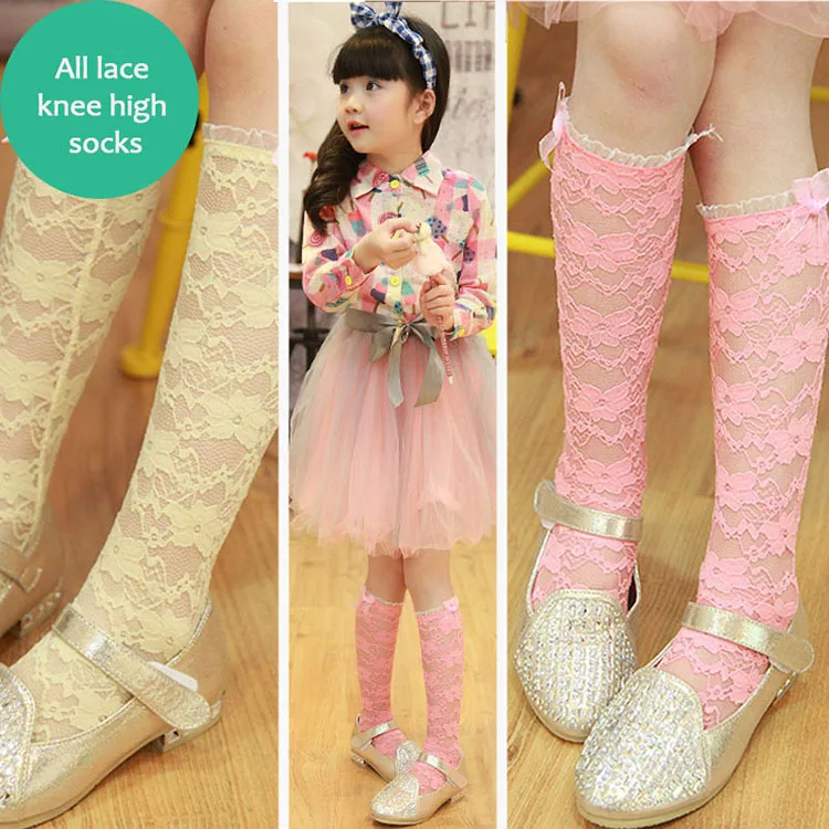 New arriving one pairs kids girls all lace cotton knee high font b socks b font
