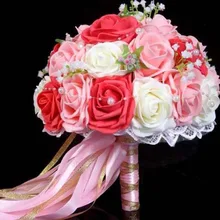 Красивые цветы ручной работы Декоративные искусственные розы цветы жемчуг невесты кружевные акценты свадебные букеты с лентой