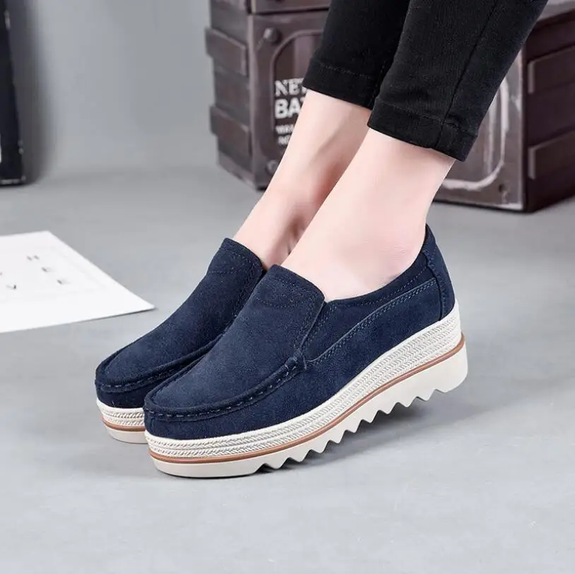 

EOEODOIT 2018 Autumn Cow Leather Shoes Women Flat Heel Platform Elevator Slip On Loafers Slip Resistance Plus Size Flats