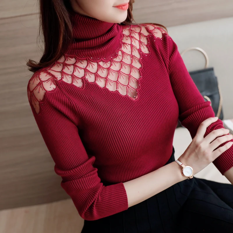 turtleneck sweater women 2016 autumn winter new style pullover lace knitted shirts sexy see through splice tops sweaters Blusas