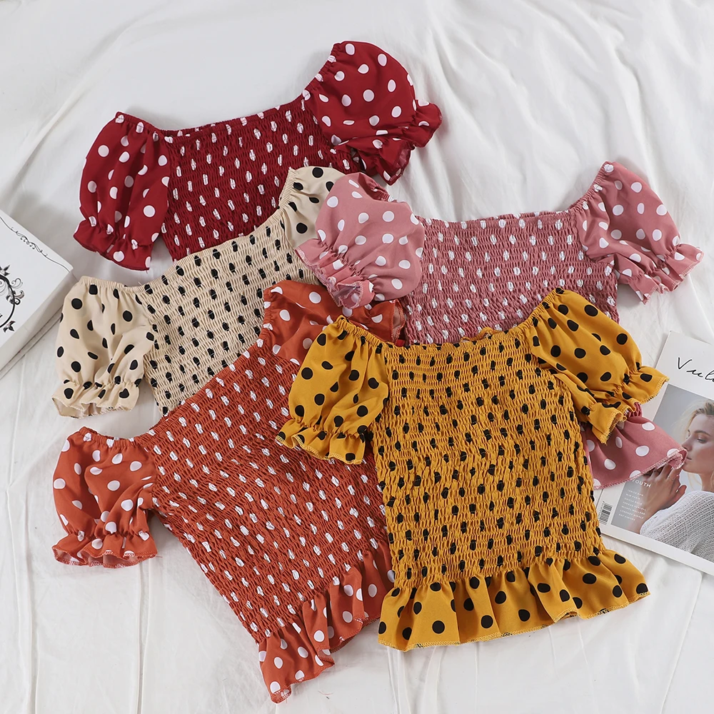 

Women Summer Slash neck Puff Sleeve Ruffles Shirt Casual Short Elastic Slim High Waist Pullover Polka Dot Chiffon Blouse Tops