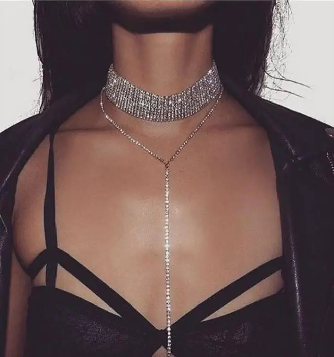 

PPG&PGG Fashion Women 2019 Chocker Constraints Rhinestone Crystal Personality Neck Long Chain Pendant Choker Necklaces Jewelry