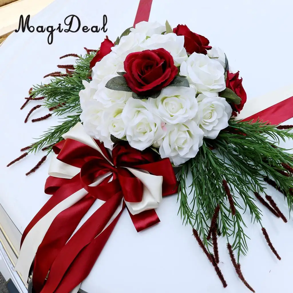 MagiDeal 12pcs/Set Wedding Car Decorations Kit DIY Artificial Silk Flower Ribbon Bows Car Roof Door Mirror Wedding Supplier