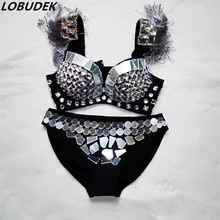 Seksi Püsküllü Sütyen Gümüş Parlak Ayna Taklidi Bikini Gece Kulübü DJ Kadın Şarkıcı Sahne Kostüm Kutup dans performansı giyim(China)