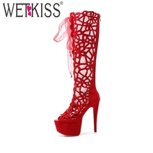 WETKISS/Сапоги до колена Женские летние ботинки открытый носок высокий каблук вырез молния обувь Летняя мода с перекрестной шнуровкой Женская обувь на платформе