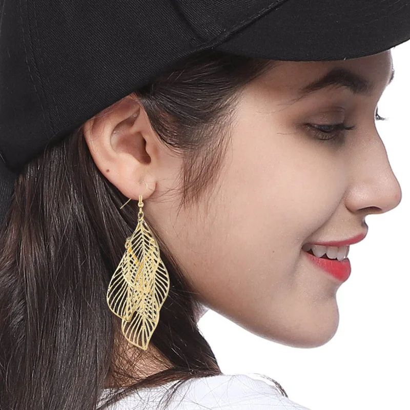 

New Gold / Silver/Black Color Leaves Earrings Long Ladies Multi-storey Hollow Large Pendant Earrings Fashion Jewelry Gifts