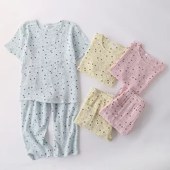 

Spring Women Short-sleeved Seven-minute Pants Sleepwear 100% Cotton Crepe Printing Pajamas Round Neck Sexy Pijamas Home Clothes