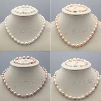

Genuine 7 - 8mm Natural Oval Akoya Freshwater Rice Beaded Necklace Bracelet Set >>> women jewerly Free shipping