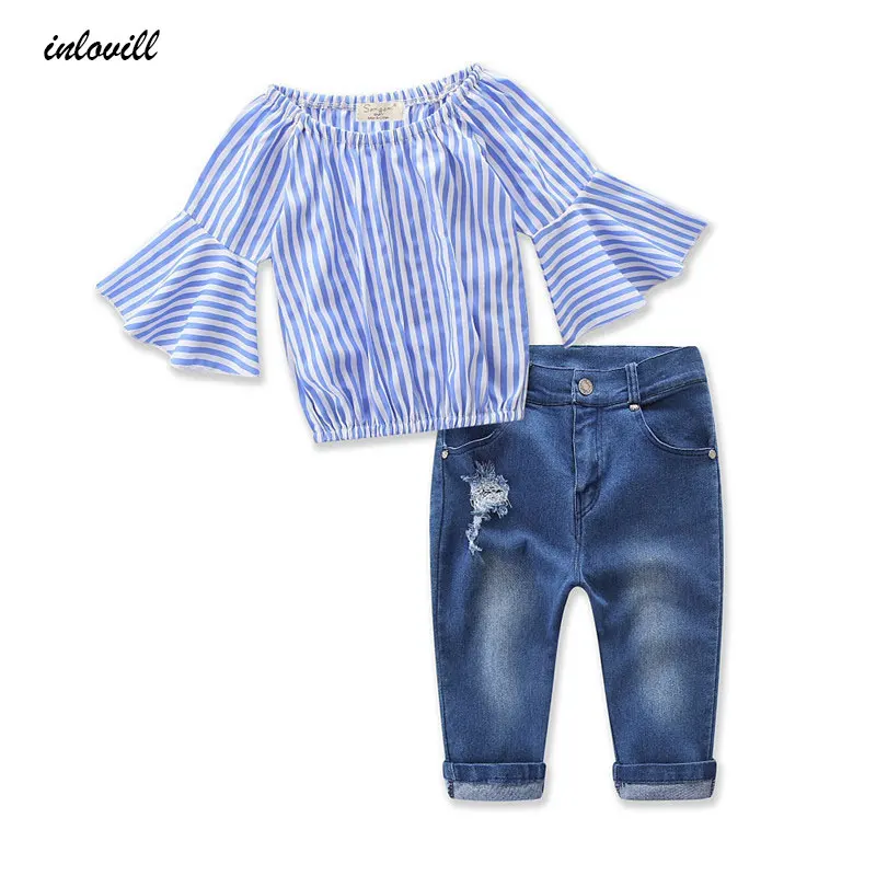 

summer girls clothing sets jeans and striped long sleeve t-shirts 2pcs/sets kids clothes fashion children clothing sets