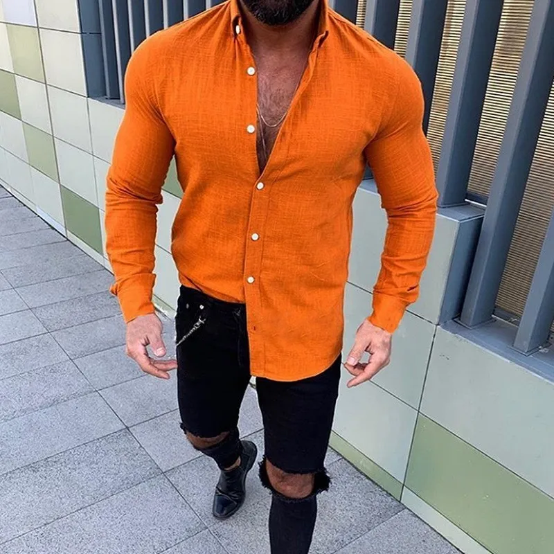 Новинка, мужские облегающие льняные рубашки, мужские сексуальные хлопковые льняные рубашки с v-образным вырезом, одноцветные льняные рубашки с длинным рукавом, M-3XL - Цвет: Оранжевый