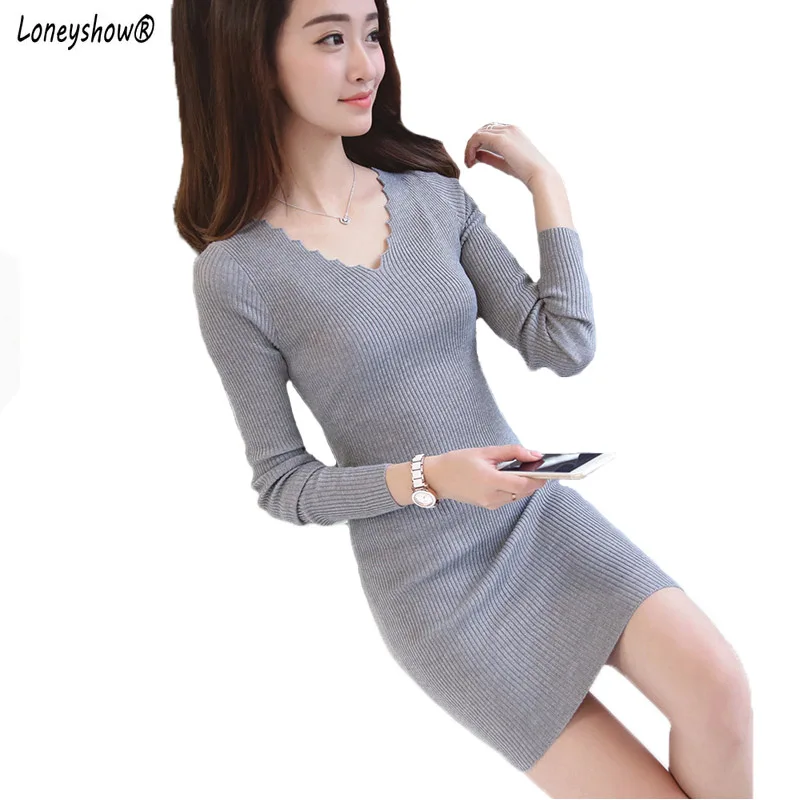 Loneyshow font b 2018 b font Autumn Winter Women long sleeved Sweater Dress Warm Pullovers Sweater