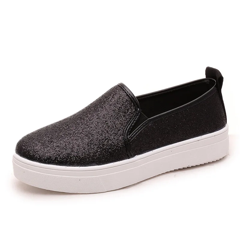 

2018 Autumn Fashion Bling Women Shoes Glitter Causal Slip On Round Toe Solid Loafers Black/Silver elastic belt sequins flat shoe