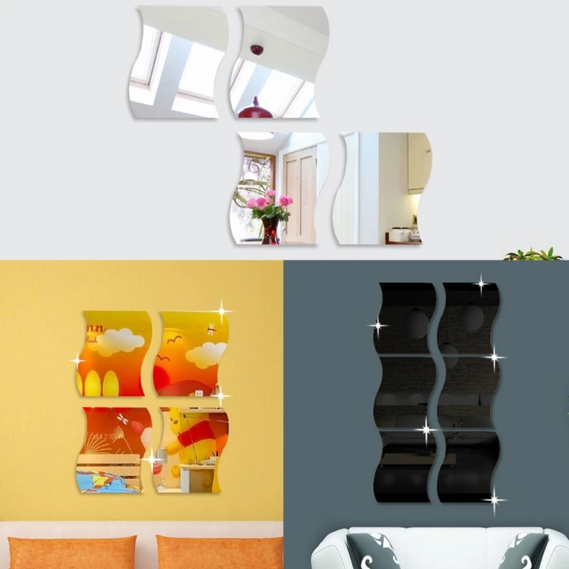 Kopen OOTDTY 1 Set 6 Stks 3D DIY Spiegel Verwijderbare Wave Acryl Muursticker Decal Woondecoratie Muur Behandelingen