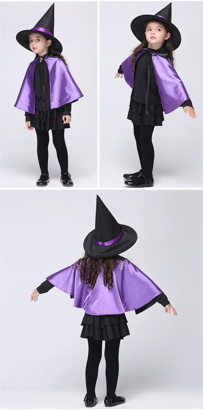 Платье ведьмы для девочек на Хэллоуин; Цвет черный, фиолетовый; костюм для косплея; комплекты одежды для детей; маскарадный костюм; вечерние