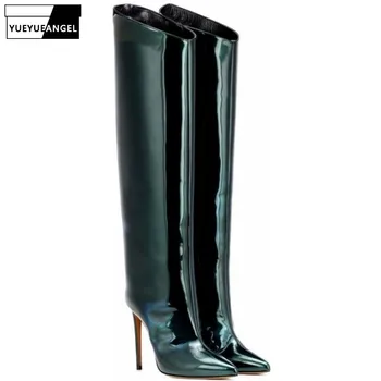 

Plus Size Stiletto Slip On Runway Knee High Boots Women Autumn High Heel Patent Leather Sequins Long Shoes Botines Mujer 2019