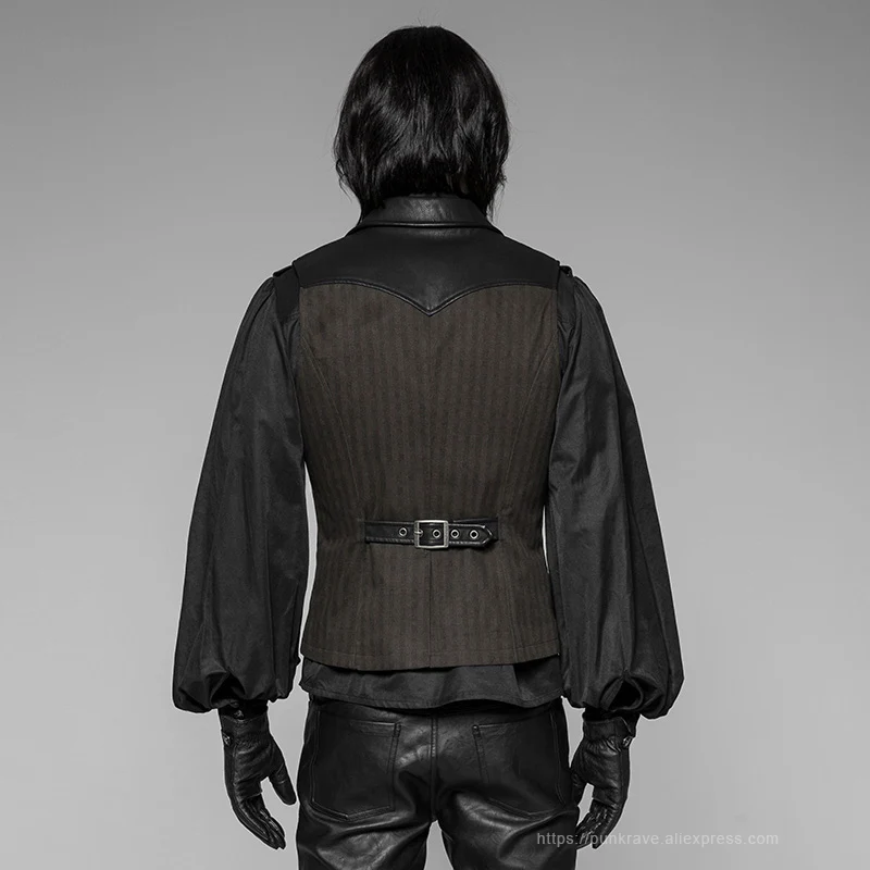 Discount PUNK RAVE New Steampunk Black Brown Striped Men's Waistcoat Gothic Leather Decoration Retro Palace Men Vest Emo Visual Kei