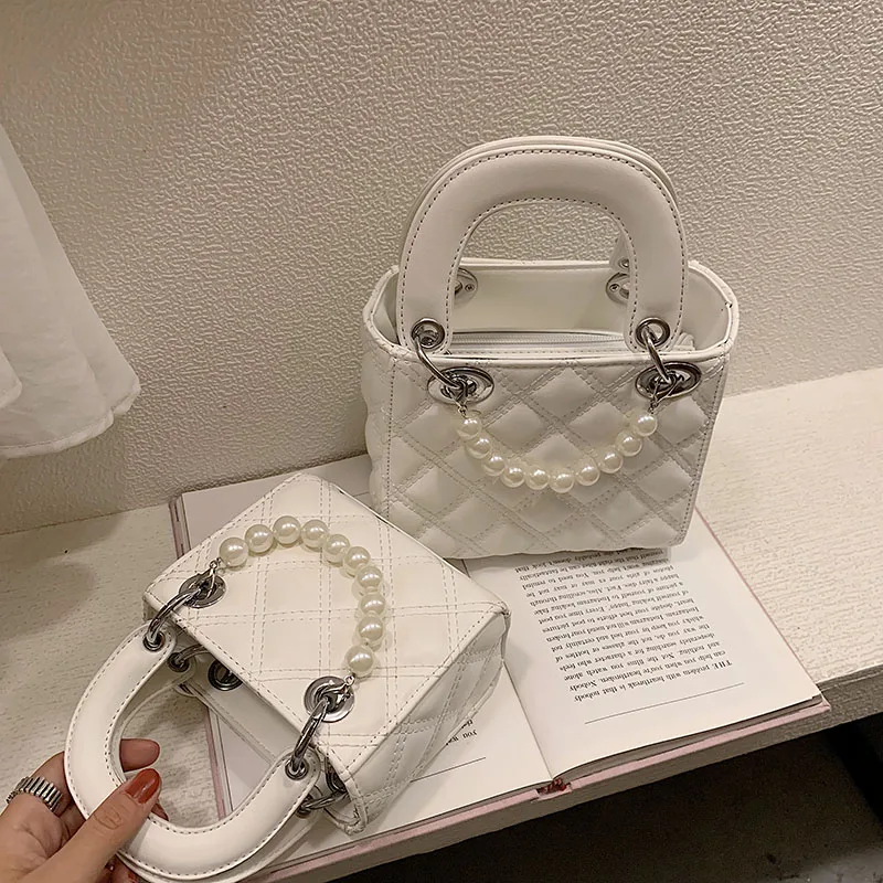 

Elegant Female Pearl Small Tote bag 2019 Summer New Quality PU Leather Women's Designer Handbag Lattice Shoulder Messenger bags