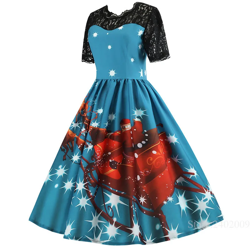 S~ 3XL Новое Женское тонкое рождественское платье с коротким рукавом и цветочным принтом кружевное лоскутное осеннее элегантное платье роковой винтажный Сарафан