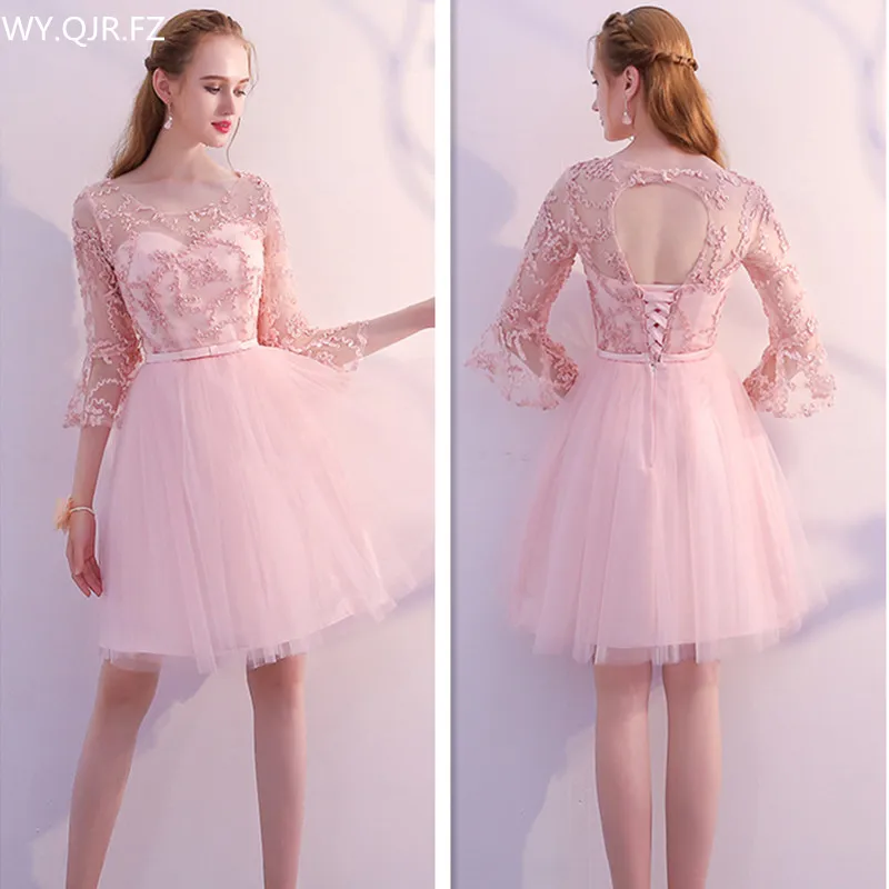 

KBS70FY#Pink O-Neck pagoda sleeve short lace up Bridesmaid Dresses A-Line wedding party dress 2018 summer wholesale girl dress