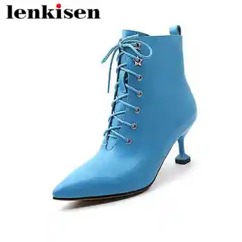 

Lenkisen british style solid pointed toe zipper natural leather high strange heels narrow band retro young lady women boots L93