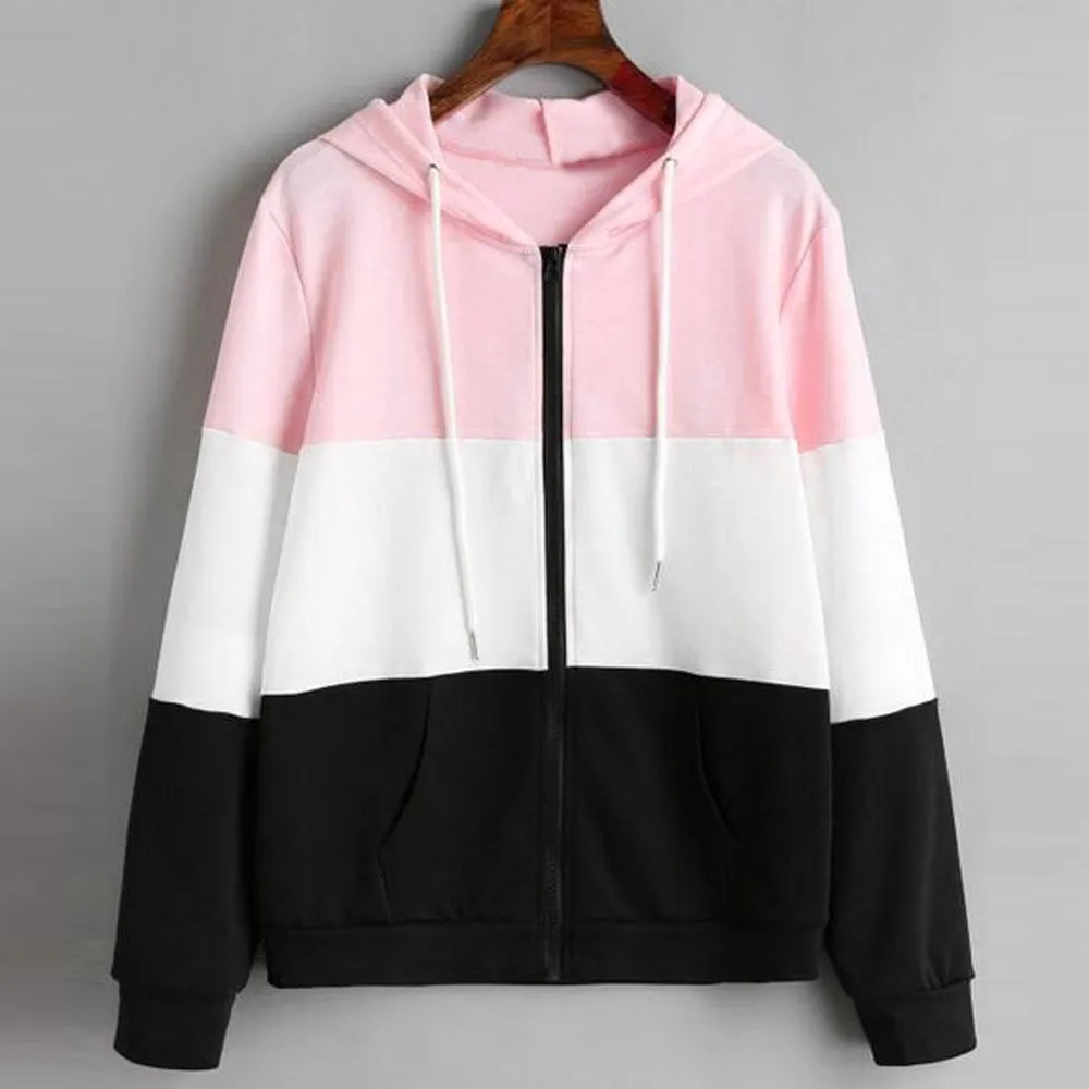 FeiTong مقنعين منفذها سترة النساء سستة اللون بلوك مطاطا تنحنح عارضة 2019 الخريف الملابس معاطف الربيع سترة واقية ملابس خارجية