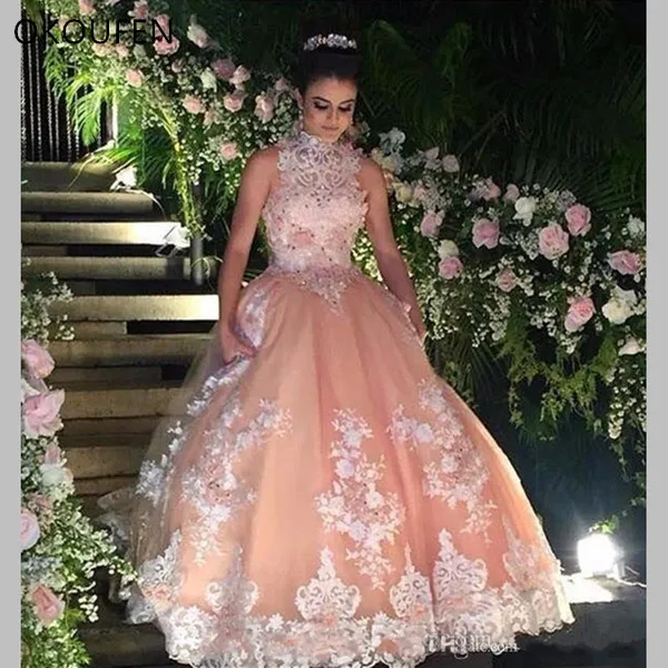 Sweet 16 Year Lace Champagne Quinceanera Dresses 2018 vestido debutante 15 anos Ball Gown High Neck Sheer Prom Dress For Party