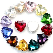 Strass colorés en forme de cœur pour couture sur vêtements, 7 tailles, en verre plat, avec griffe argentée, B2380