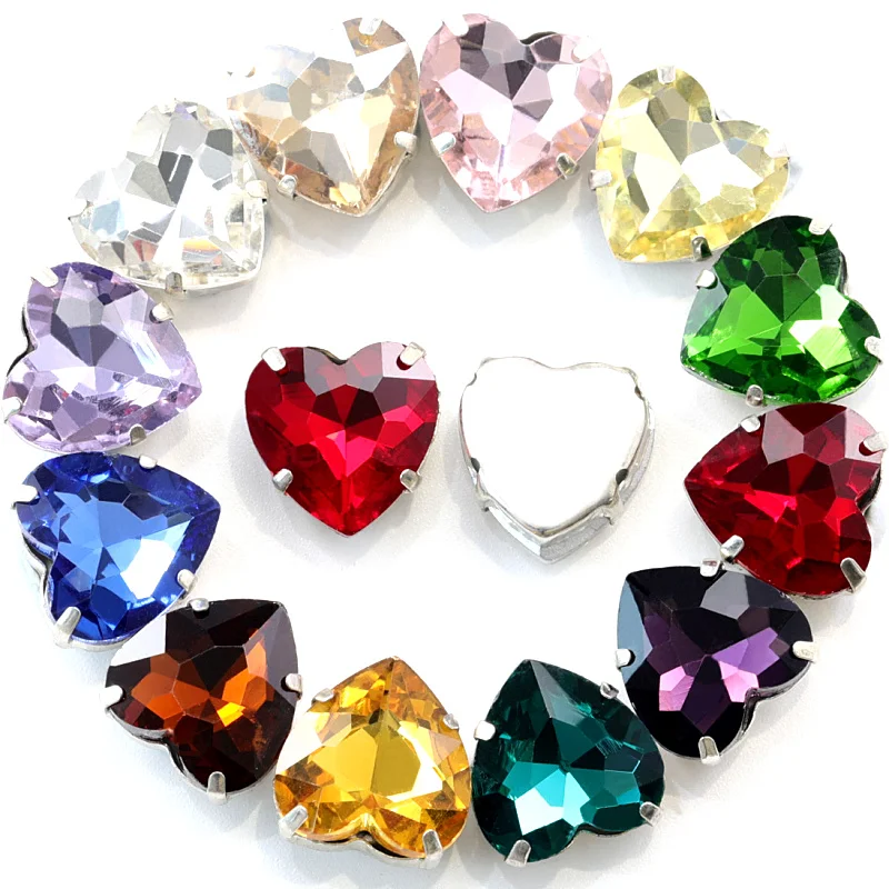 

7Sizes Colorful Heart Shape Crystal Sew On Rhinestones With Claw Flatback Glass Strass Sewing On Silver Claw for Garments B2380