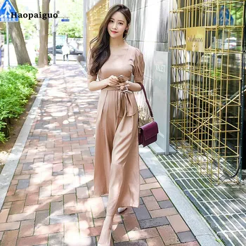 

Solid Spring Women Jumpsuits 2019 Solid Khaki Gray Short Lantern Sleeve Lace Up Full Length Casual Office Party Jumpsuits Ladies
