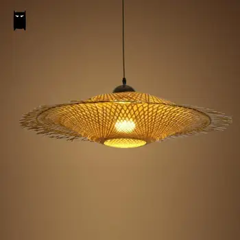 

Bamboo Wicker Rattan Cap Shade Pendant Light Fixture Asian Japanese Vintage Hanging Ceiling Lamp Avize Dining Room Restaurant