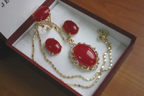 

Wholesale noble 13*18mm 18kgp plated red jadel ring(#6,7,8,9) earrings &pendant fashion jewelry set 5.31