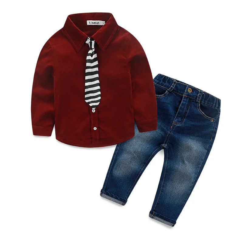 

2018 Spring baby boys tie long sleeve cotton shirts+trousers set England kids party clothes handsame boy top jeans 17N1120
