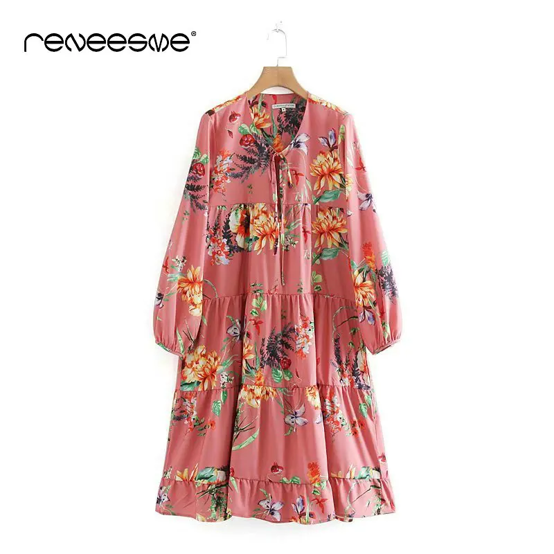 

new loose fashion print women dress long sleeve o neck pleated bow tie knee-length spring ladies dresses casual female vestidos