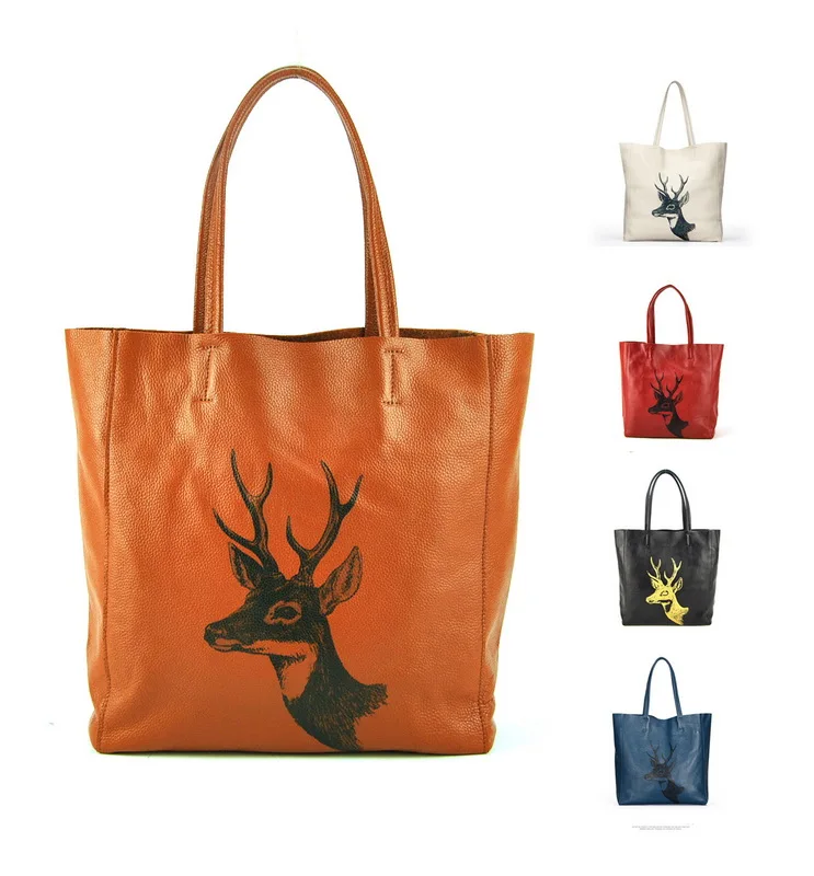 

Women Fashion Genuine Leather Tote Shopper Shopping Handbag Cabas Bag Purse Shoulder Stylish Hobo Casual Lady Deer Animal Purse