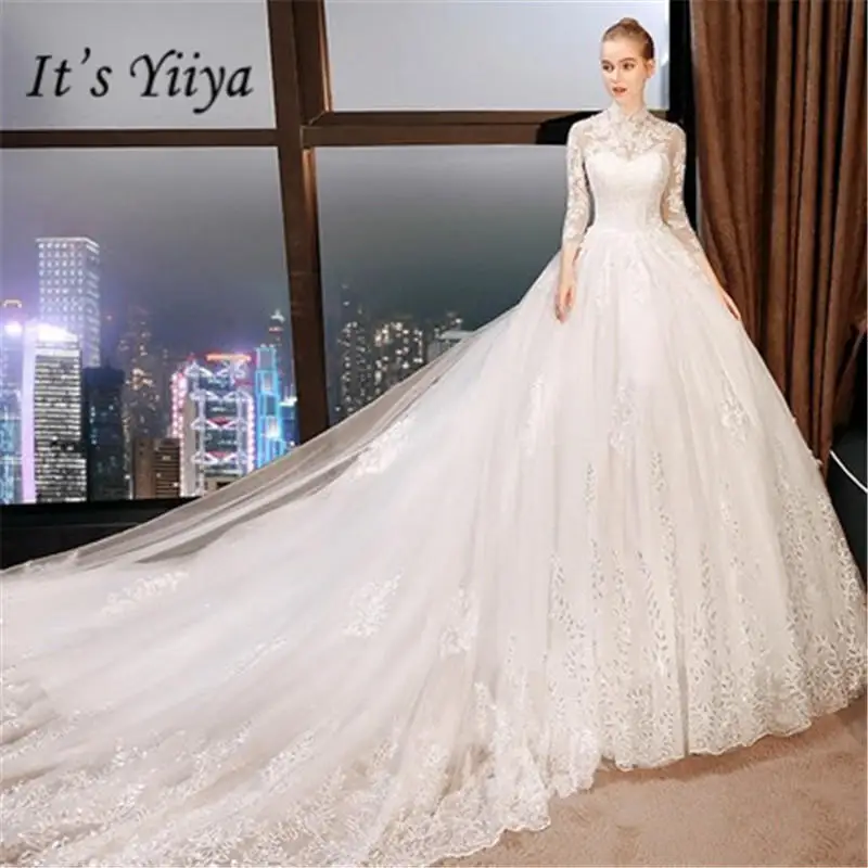 Это YiiYa, Модные свадебные платья с длинным рукавом, винтажное длинное платье со шлейфом и вышивкой, Vestidos De Novia Casamento DV004 - Цвет: Long train