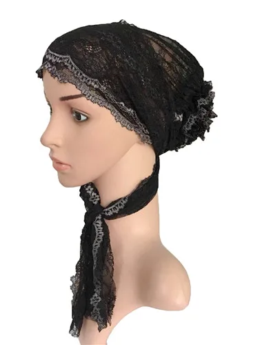 Женская шляпа мусульманский хиджаб цветочный кружевной эластичный тюрбан шапка исламский, арабский шапочки химиотерапия шляпа головной убор шапка под хиджаб длинный хвост Рамадан НОВАЯ шапка - Цвет: black gray