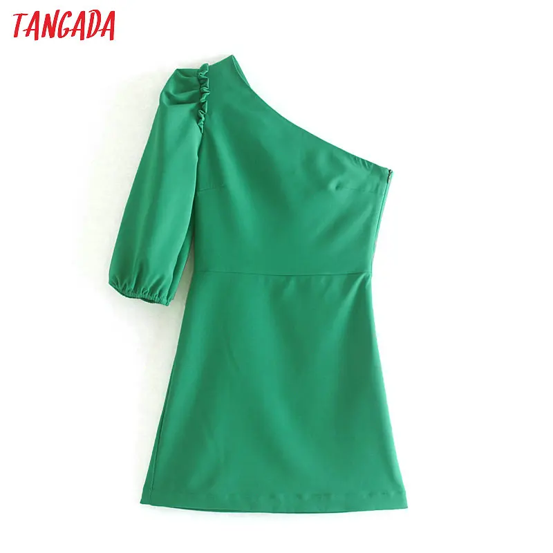 Tangada зеленое платье мини ассиметричное платье на одно плечо платье для вечеринки вечернее платье мини платье выше колена платье трапеция платье с рукавом 3\4 XN281