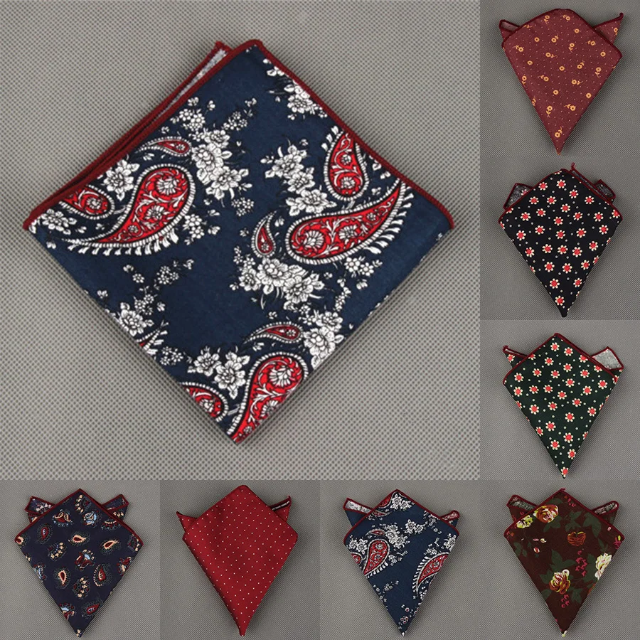 11 Styles Fashion Men's Cotton Pocket Square Western Style Floral