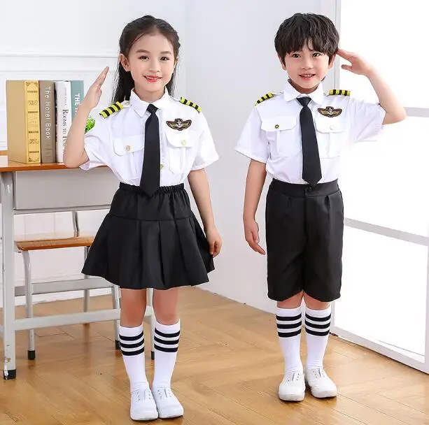 

Newest 2019 Performance clothing girls boy Stewardess Pilot uniformed Child Aircraft photography service Halloween Fancy Clothes